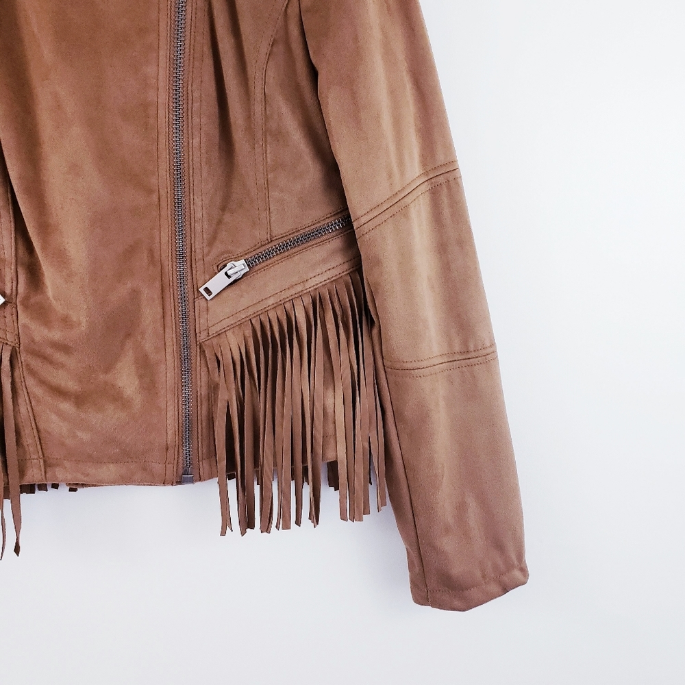 Black Rivet Stand Collar Faux Suede Fringe Jacket - Picture 7 of 8